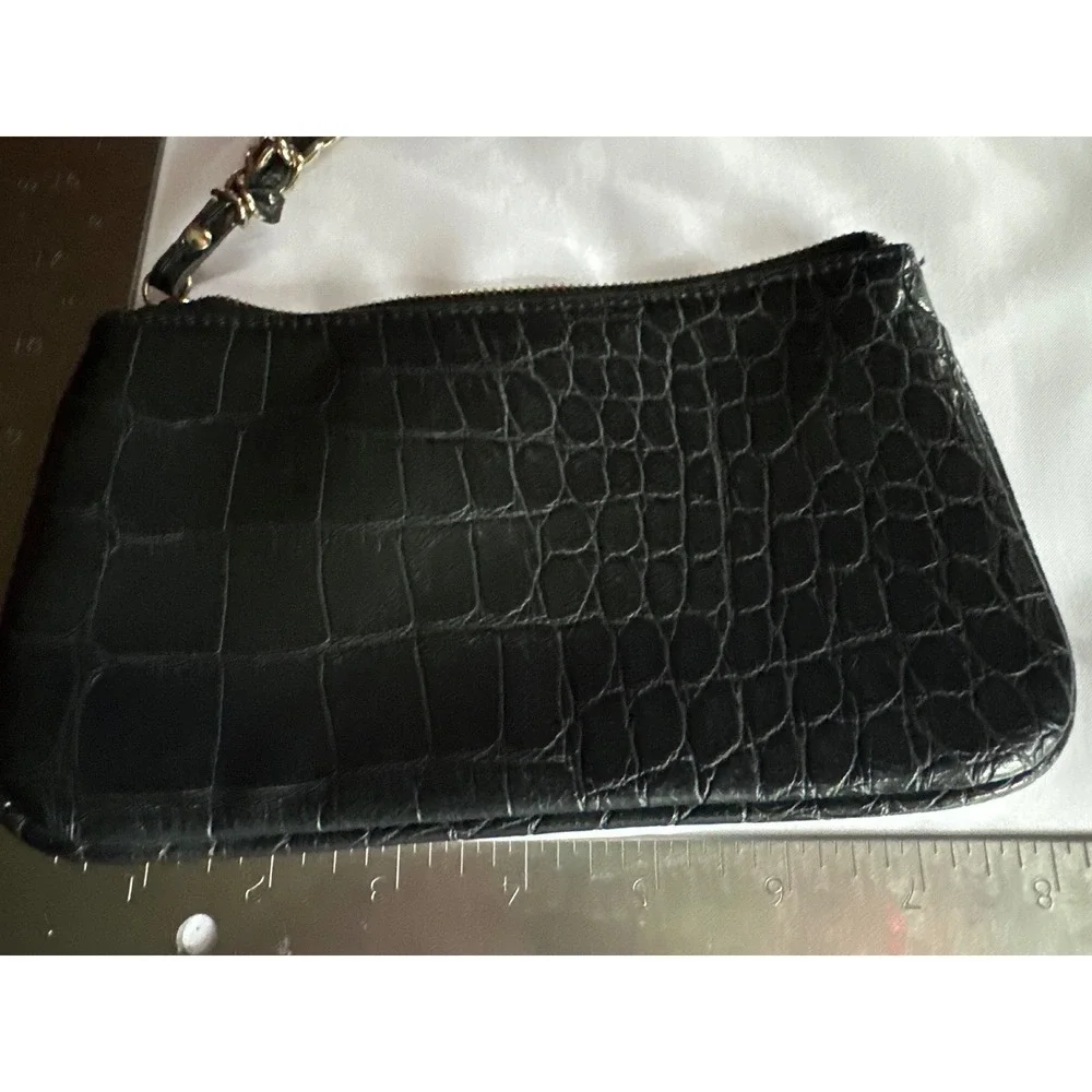 Anne Klein Black‎ Croc Embossed Wristlet Pouch Gold Tone Chain Strap Clutch